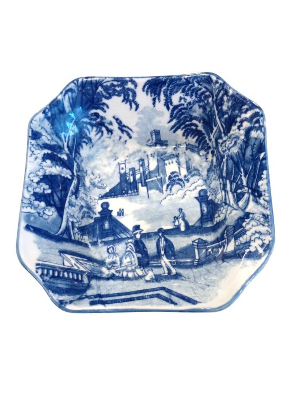 VINTAGE VICTORIA WARE IRONSTONE BLUE & WHITE HADDON HALL SQUARE BOWL 8 1/2 "